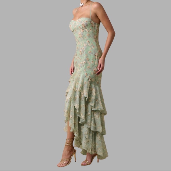 Sage Floral Ruffle High-Low Maxi Dress Green - Picture 6 of 9